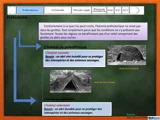 Contrairement à ce que l'on peut croire, l'homme préhistorique ne vivait pas
dans les grottes. Tout simplement parce que les conditions ne s'y prêtaient pas
forcément. Toutes les régions ne bénéficiaient pas d'un relief comportant des
grottes ou abris sous roches.
Préhistoire:
Hutte de la Verberie
Hutte de Terra Amata
L'habitat au paléolithique
L'habitat nomade:
Besoin : un abri vite installé pour se protéger
des intempéries et des animaux sauvages.
L'habitat au néolithique
L'habitat sédentaire
Besoin : un abri durable pour se protéger des
intempéries et des animaux sauvages Sources :
http://www.archeosite.be
 