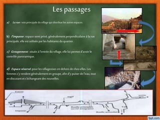 a) Larue: vois principale du village qui distribue les autres espaces.
b) l’impasse:espace semi privé, généralement perpendiculaire à la rue
principale, elle est utilisée par les habitants du quartier.
c) Groupement : située à l’entréedu village, elle lui permetd’avoir le
contrôle panoramique.
d) Espaceréservé: pour les villageoises en dehors de chez-elles. Les
femmes s’yrendent généralementen groupe, afin d’ypuiser de l’eau,tout
endiscutant et s’échangeant des nouvelles.
Les passages
 
