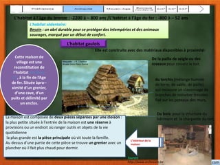 L'habitat à l'âge du bronze : -2200 à – 800 ans /L'habitat à l'âge du fer : -800 à – 52 ans
L’habitat gaulois
Cette maison de
village est une
reconstitution de
l’habitat en 50 av.
J.C, à la fin de l’Age
de fer. Située àpro--
ximité d’un grenier,
d’une cave, d’un
puits et délimité par
un enclos.
Elle est construite avec des matériaux disponibles à proximité:
Du bois: pour la structure du
bâtiment et la charpente du toit,
du torchis (mélange humide
de terre, de sable, de paille)
qui recouvre un clayonnage de
branches de noisetier tressées
fixé sur les poteaux des murs,
De la paille de seigle ou des
roseaux pour couvrir le toit.
L’intérieur de la
maison
La maison est composée de deux pièces séparées par une cloison :
la plus petite située à l'entrée de la maison est une réserve à
provisions ou un endroit où ranger outils et objets de la vie
quotidienne
la plus grande est la pièce principale où vit toute la famille.
Au dessus d'une partie de cette pièce se trouve un grenier avec un
plancher où il fait plus chaud pour dormir.
Sources :
http://www.archeosite.be
L'habitat sédentaire:
Besoin : un abri durable pour se protéger des intempéries et des animaux
sauvages, marqué par un début de confort.
 