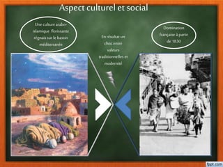 Aspect culturel et social
Uneculturearabo-
islamique florissante
régnais sur le bassin
méditerranée
Domination
française à partir
de1830
En résultat un
choc entre
valeurs
traditionnelles et
modernité
 