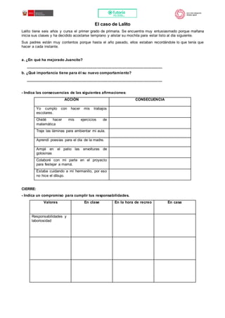 El caso de Lalito
Lalito tiene seis años y cursa el primer grado de primaria. Se encuentra muy entusiasmado porque mañana
inicia sus clases y ha decidido acostarse temprano y alistar su mochila para estar listo al día siguiente.
Sus padres están muy contentos porque hasta el año pasado, ellos estaban recordándole lo que tenía que
hacer a cada instante.
a. ¿En qué ha mejorado Juancito?
_________________________________________________________________
b. ¿Qué importancia tiene para él su nuevo comportamiento?
_________________________________________________________________
- Indica las consecuencias de las siguientes afirmaciones:
ACCIÓN CONSECUENCIA
Yo cumplo con hacer mis trabajos
escolares.
Olvidé hacer mis ejercicios de
matemática
Traje las láminas para ambientar mi aula.
Aprendí poesías para el día de la madre.
Arrojé en el patio las envolturas de
golosinas
Colaboré con mi parte en el proyecto
para festejar a mamá.
Estaba cuidando a mi hermanito, por eso
no hice el dibujo.
CIERRE:
- Indica un compromiso para cumplir tus responsabilidades.
Valores En clase En la hora de recreo En casa
Responsabilidades y
laboriosidad
 