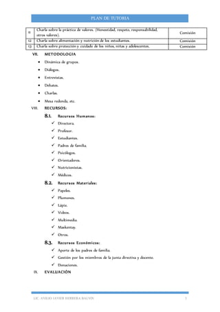 LIC. AVILIO JAVIER HERRERA BALVIN 3
PLAN DE TUTORIA
11
Charla sobre la práctica de valores. (Honestidad, respeto, responsabilidad,
otros valores).
Comisión
12 Charla sobre alimentación y nutrición de los estudiantes. Comisión
13 Charla sobre protección y cuidado de los niños, niñas y adolescentes. Comisión
VII. METODOLOGIA
 Dinámica de grupos.
 Diálogos.
 Entrevistas.
 Debates.
 Charlas.
 Mesa redonda, etc.
VIII. RECURSOS:
8.1. Recursos Humanos:
 Directora.
 Profesor.
 Estudiantes.
 Padres de familia.
 Psicólogos.
 Orientadores.
 Nutricionistas.
 Médicos.
8.2. Recursos Materiales:
 Papeles.
 Plumones.
 Lápiz.
 Videos.
 Multimedia.
 Maskentay.
 Otros.
8.3. Recursos Económicos:
 Aporte de los padres de familia.
 Gestión por los miembros de la junta directiva y docente.
 Donaciones.
IX. EVALUACIÓN
 