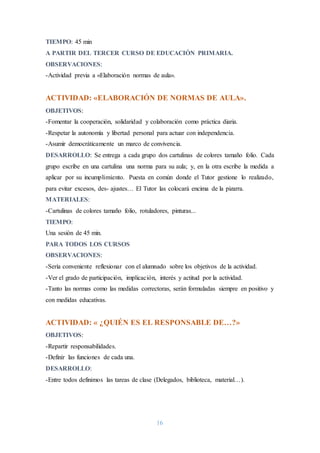 16
TIEMPO: 45 min
A PARTIR DEL TERCER CURSO DE EDUCACIÓN PRIMARIA.
OBSERVACIONES:
-Actividad previa a «Elaboración normas de aula».
ACTIVIDAD: «ELABORACIÓN DE NORMAS DE AULA».
OBJETIVOS:
-Fomentar la cooperación, solidaridad y colaboración como práctica diaria.
-Respetar la autonomía y libertad personal para actuar con independencia.
-Asumir democráticamente un marco de convivencia.
DESARROLLO: Se entrega a cada grupo dos cartulinas de colores tamaño folio. Cada
grupo escribe en una cartulina una norma para su aula; y, en la otra escribe la medida a
aplicar por su incumplimiento. Puesta en común donde el Tutor gestione lo realizado,
para evitar excesos, des- ajustes… El Tutor las colocará encima de la pizarra.
MATERIALES:
-Cartulinas de colores tamaño folio, rotuladores, pinturas...
TIEMPO:
Una sesión de 45 min.
PARA TODOS LOS CURSOS
OBSERVACIONES:
-Sería conveniente reflexionar con el alumnado sobre los objetivos de la actividad.
-Ver el grado de participación, implicación, interés y actitud por la actividad.
-Tanto las normas como las medidas correctoras, serán formuladas siempre en positivo y
con medidas educativas.
ACTIVIDAD: « ¿QUIÉN ES EL RESPONSABLE DE…?»
OBJETIVOS:
-Repartir responsabilidades.
-Definir las funciones de cada una.
DESARROLLO:
-Entre todos definimos las tareas de clase (Delegados, biblioteca, material…).
 