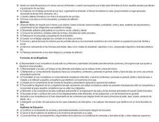  Asistir con cierta frecuencia por lo menos una vez al trimestre o cuando sea requerido por el tutor para informarse de todos aquellos asuntos que afecten
a la educación de sus hijos.
 b) Colaborar con el trabajo personal de sus hijos, organizando el ambiente, el tiempo de estudios en casa. (proporcionando un lugar apropiado,
necesidad de tiempo libre,descanso, etc.)
 c) Asistir a talleres formativos con mirar a la educación de sus hijos.
 d) Enviar a sus hijos a vivir los encuentros y jornadas de reflexión.
Alumnos:
 Observar hábitos de respeto por símismo y por prójimo, buena conducta, buenos modales, puntualidad, orden y aseo, acatando las disposiciones y
cumplimiento de las obligaciones que establece el colegio.
 b) Desarrollar actitudes participativas en su entorno social, cultural y natural.
 c) Conocer los derechos y deberes sobre las normas y disciplina del centro educativo.
 d) Participar en la propuesta y programación de actividades.
 e) Cumplir con el trabajo asignado por comisión en el aula y por turnos.
 f) Conocer y aplicar técnicas de estudios que les permitan elevar su reconocimiento académico asícomo también su superación personal, familiar y
social.
 g) Intervenir activamente en las diversas actividades, tales como:charlas de actualidad, calendario cívico, campeonatos deportivos, festivales artísticos
etc.
 h) Participar activamente en los actos litúrgicos y jornadas de reflexión.
Funciones de los Brigadieres
 a) Representarán a sus compañeros de aula ante los profesores y autoridades del plantel para intercambiar opiniones y dar sugerencias que ayuden a
mejorar el clima educativo.
 b) Representarán a su aula y al Colegio en las diferentes actividades que se realizan dentro y fuera del mismo.
 c) Mantendrán un comportamiento respetuoso hacia sus compañeros, profesores y personas en general, dentro y fuera del aula, así como una correcta
presentación personal.
 d) Fomentarán en sus compañeros un comportamiento respetuoso entre ellos, y hacia los profesores y personas en general, dentro y fuera del aula, e
invitarán a la reflexión a aquellos compañeros que interfieren con la armonía en el aula.
 e) Velarán por el cumplimiento de las normas de disciplina y presentación personal en ausencia del profesor.
 f) Propiciarán la integración de los compañeros del aula, asumiendo una actitud conciliadora cuando se presenten discrepancias entre los compañeros,e
incorporarán al grupo aquellos compañeros que no estén muy integrados.
 g) Motivarán a sus compañeros de aula a participar activamente en la organización del aula y de las diversas actividades de nuestro Centro Educativo.
 h) Apoyarán al tutor o profesor del curso en los desplazamientos entre ambientes,en las actuaciones, y en las formaciones en general.
 Apoyarán a sus compañeros en el buen desempeño de las comisiones que integran dentro del aula (comisiones de parte, aseo, pizarra, anotación de
tareas, etc.).
 j) Dialogarán con el tutor del aula acerca de los casos reiterativos de indisciplina, o de cualquier otra situación que interfiera con un clima favorable de
aula.
Auxiliares de Educación
 a) Contribuir en el desarrollo de acciones y actividades tendientes a la formación integral del educando.
 b) Llevar al día el cuaderno de asistencia y de incidencia del alumnado a su cargo.
 c) Llevar las fichas de aconsejamiento y seguimientos de los alumnos con problemas de conductas y derivarlos al tutor u otras instancias superiores.
 