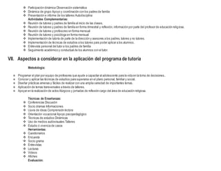  Participación dinámica Observación sistemática
 Dinámica de grupo Apoyo y coordinación con los padres de familia
 Presentación e informe de los talleres Autodisciplina
Actividades Complementarias:
 Reunión de tutores y padres de familia al inicio de las clases.
 Reunión de tutores y padres de familia en forma trimestral y reflexión, información por parte del profesor de educación religiosa.
 Reunión de tutores y profesores en forma mensual
 Reunión de tutores y psicóloga en forma mensual
 Implementación de tutoría de parte de la dirección y asesores a los padres, tutores y no tutores.
 Implementación de técnicas de estudios a los tutores para poder aplicar a los alumnos.
 Entrevista personal del tutor a los padres de familia
 Seguimiento académico y conductual de los alumnos con el tutor.
VII. Aspectos a considerar en la aplicación del programa de tutoría
Metodología:
 Programar el plan por equipo de profesores que ayude a capacitar al adolescente para la vida en la toma de decisiones..
 Conocer y aplicar las técnicas de estudios para superarse en el plano personal, familiar y social.
 Diseñar prácticas amenas y fáciles de realizar con una amplia variedad de importantes temas.
 Aplicación de temas transversales a través de talleres.
 Apoyar en la realización de actos litúrgicos y jornadas de reflexión cargo del área de educación religiosa.
Técnicas de Enseñanzas:
 Conferencias Discusión
 Socio dramas Informaciones
 Lluvia de ideas Comprensión lectora
 Orientación vocacional Apoyo psicopedagógico
 Técnicas de estudios Dinámicas
 Uso de medios audiovisuales Talleres
 Estudio ó vivencia de casos
Herramientas:
 Cuestionarios
 Encuesta
 Socio grama
 Entrevistas
 Lecturas
 Videos
 Afiches
Evaluación:
 