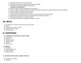  Participación dinámica Observación sistemática
 Dinámica de grupo Apoyo y coordinación con los padres de familia
 Presentación e informe de los talleres Autodisciplina
Actividades Complementarias:
 Reunión de tutores y padres de familia al inicio de las clases.
 Reunión de tutores y padres de familia en forma trimestral y reflexión, información por parte del profesor de educación religiosa.
 Reunión de tutores y profesores en forma mensual
 Reunión de tutores y psicóloga en forma mensual
 Implementación de tutoría de parte de la dirección y asesores a los padres, tutores y no tutores.
 Implementación de técnicas de estudios a los tutores para poder aplicar a los alumnos.
 Entrevista personal del tutor a los padres de familia
 Seguimiento académico y conductual de los alumnos con el tutor.
VIII.- METAS:
 Aproximadamente 1300 alumnos de ambos niveles (Primaria y Secundaria)
 Directivo
 Docentes tutores y no tutores., auxiliares.
 Padres de Familia y comunidad.
 Personal de servicio
IX.- ESTRATEGIAS:
6.1.- ESTRATEGIAS Y TECNICAS PARA LA HORA DE TUTORÍA:
 La escucha activa
 Socio drama
 Estudiantes monitores.
 Ambiente motivador
 Encuestas
 Dilemas morales.
6.2.- DINÁMICAS:
 De animación
 Expresión mediante el arte.
 Análisis y Reflexión.
 Organización grupal.
6.3.- ESTRATEGIAS TÉCNICAS PARA EL TRABAJO INDIVIDUAL:
 La entrevista con el estudiante
 Observación
 