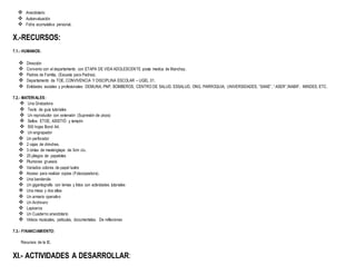  Anecdotario
 Autoevaluación
 Ficha acumulativa personal.
X.-RECURSOS:
7.1.- HUMANOS:
 Dirección
 Convenio con el departamento con ETAPA DE VIDA ADOLESCENTE posta medica de Manchay.
 Padres de Familia, (Escuela para Padres).
 Departamento de TOE, CONVIVENCIA Y DISCIPLINA ESCOLAR – UGEL 01.
 Entidades sociales y profesionales: DEMUNA, PNP, BOMBEROS, CENTRO DE SALUD, ESSALUD, ONG, PARROQUIA, UNIVERSIDADES, “SANE”, “ ASER”,INABIF, MINDES, ETC.
7.2.- MATERIALES:
 Una Grabadora
 Texto de guía tutoriales
 Un reproductor con extensión (Supresión de picos)
 Sellos: ETOE, ASISTIÓ y tampón
 500 hojas Bond A4.
 Un engrapador
 Un perforador
 2 cajas de chinches.
 3 cintas de maskingtape de 3cm c/u.
 25 pliegos de papelotes
 Plumones gruesos
 Variados colores de papel lustre
 Acceso para realizar copias (Fotocopiadora).
 Una banderola
 Un gigantografía con lemas y fotos con actividades tutoriales
 Una mesa y dos sillas
 Un armario operativo
 Un Archivero
 Lapiceros
 Un Cuaderno anecdotario
 Videos musicales, películas, documentales. De reflexiones
7.3.- FINANCIAMIENTO:
Recursos de la IE.
XI.- ACTIVIDADES A DESARROLLAR:
 