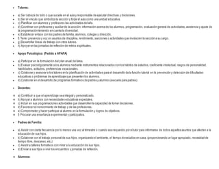  Tutores:
 a) Ser cabeza de todo o que sucede en el aula y responsable de ejecutar directivas y decisiones.
 b) Ser el vínculo que simboliza la sección y forjar el aula como una unidad educativa.
 c) Planificar con alumnos y profesores las actividades delaño.
 d) Coordinar con profesores y auxiliar de la sección: información acerca de los alumnos, programación, evaluación general de actividades,asistencia y ajuste de
la programación teniendo en cuenta la diversidad.
 e) Establecer enlace con los padres de familia, alumnos, colegas y dirección.
 f) Tener presencia y voz en asuntos de disciplina, rendimiento, sanciones o actividades que involucren la sección a su cargo.
 g) Desarrollar líneas de trabajo con otros tutores.
 h) Apoyar en las jornadas de reflexión de retiros espirituales.
 Apoyo Psicológico: (Pedido a APAFA)
 a) Participar en la formulación del plan anual del área.
 b) Evaluar psicológicamente a los alumnos mediante instrumentos relacionados con los hábitos de estudios, coeficiente intelectual, rasgos de personalidad,
habilidades, actitudes, preferencias vocacionales.
 c) Colaborar y asesorar a los tutores en la planificación de actividades para el desarrollo de la función tutorial en la prevención y detección de dificultades
educativas o problemas de aprendizaje que presenten los alumnos.
 d) Colaborar en el desarrollo de programas formativos de padres y alumnos (escuela para padres)
 Docentes:
 a) Contribuir a que el aprendizaje sea integral y personalizado.
 b) Apoyar a alumnos con necesidades educativas especiales.
 c) Incluir en sus programaciones actividades que desarrollen la capacidad de tomar decisiones.
 d) Favorecer el conocimiento de trabajo y de las profesiones.
 e) Comprometer y hacer participar al alumno en la formulación y logros de objetivos.
 f) Procurar una enseñanza experimental y participativa.
 Padres de Familia:
 a) Asistir con cierta frecuencia por lo menos una vez al trimestre o cuando sea requerido por el tutor para informarse de todos aquellos asuntos que afecten a la
educación de sus hijos.
 b) Colaborar con el trabajo personal de sus hijos, organizando el ambiente, el tiempo de estudios en casa. (proporcionando un lugar apropiado, necesidad de
tiempo libre, descanso, etc.)
 c) Asistir a talleres formativos con mirar a la educación de sus hijos.
 d) Enviar a sus hijos a vivir los encuentros y jornadas de reflexión.
 Alumnos:
 