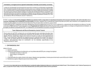 Interrelaciónyconvergenciadetresaspectosfundamentales:diversidad,accióntutorialyconvivencia
Laatenciónaladiversidad,laaccióntutorialylamejoradelaconvivencia sonelementosconsustanciales
dela Orientacióneducativa.Enestesentido,seprecisa-peseaque constituyen elementos diferenciados
porsucarácterpráctico-ladebidainterrelaciónentreellos,procurandointegrarlasactuacionesymedidas
de maneraquese produzcan efectos sinérgicos. Es tarea del orientador/a facilitar la comprensión, por
partedel profesorado,dela relaciónycoherencia,eintegración de los objetivos correspondientes a estos
elementosdel proyectoeducativoenlosdiferentesdocumentosoficialesdeplanificacióndocente(PCC,Plan
de Convivencia, Plan de Orientación yAcción Tutorial, etc.).
El POAT constituyeel instrumento pedagógico-didácticoquearticulaamedio ylargo plazo el conjuntodeactuaciones,delosequipos docentes y del centro educativo en su
conjunto,relacionadoscon laorientaciónylaacción tutorial.Dichoplan,integradocomounelementodel Proyecto Educativo del centro, será coherente con los objetivos del mismo,
incluidos aquellos relativos a la promoción de la Cultura de la Pazyla mejora de la convivencia en los centros.
Laelaboracióndel POAT correspondeacadacentro,atendiendolas directrices establecidas por el ETCP ycon la colaboración y asesoramiento del orientador/a de referencia. No debe
confundirseel POAT(elementoProyecto Educativo)conla Programación deTutoría (elementodelPlanAnualdeCentro)1.EnSecundaria,sinembargoeselDepartamentodeOrientación el
encargado de elaborar la propuesta del POAT, en colaboración con los tutores/as, de acuerdo con las directrices del ETCP.
Tarea: Elaboración del Plan de Orientación y Acción Tutorial
Para la redacción del POAT se dispone de una normativa específica para cada etapa educativa, base
de criterio parala elaboraciónde orientaciones ydirectrices. Por otro lado, en el caso de la Educación
Infantil y Primaria, resulta lógico deducir de la norma la inclusión, en cada uno de los elementos del
POAT, de las actuaciones y desarrollo de programas que son contenidos de su propio Plan Anual de
Trabajo. Plan que deberá atender las necesidades generales detectadas por el centro yque deberán
considerar adecuadamente tareas de coordinación con los tutores/as, especificadas en las
"Programaciones de Tutoría".
1. CONTENIDOSDEL POAT
Infantil y Primaria:
a. Objetivos generales
b. Programasadesarrollarporel profesoradoy por losprofesionalesdelEOE para conseguirlosobjetivos
□ Actividades de tutoría en cadaciclo
□ Aula de Apoyo a laIntegración
□ ATAL
c. Líneasgeneralesdeacogidaytránsito entre etapas. Adaptacionesorganizativasy horariasparael alumnadonuevodeEducaciónInfantil
d. Medidasdeacogidaeintegraciónparaelalumnos/asconNEE
1
Deacuerdoconlanormativaexistentresdocumentosdiferenciadosencuyaelaboraciónparticipaelorientador/adereferenciadeuncentrodeEducaciónInfantilyPrimaria: El PlandeOrientaciónyAcciónTutorial,lasProgramaciones de
tutoría, ysupropioPlanAnualdeTrabajo.Tres documentos interrelacionados yquedebenguardarladebidacoherenciayplanificación.
 