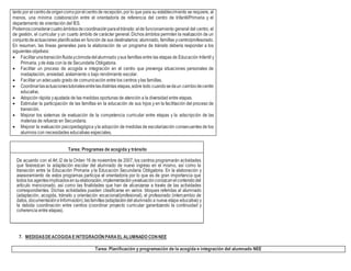 tanto por el centrodeorigencomoporelcentrode recepción,por lo que para su establecimiento se requiere, al
menos, una mínima colaboración entre el orientador/a de referencia del centro de Infantil/Primaria y el
departamento de orientación del ÍES.
Podemosconsiderarcuatroámbitosdecoordinaciónparaeltránsito: elde funcionamiento general del centro, el
de gestión, el curricular y un cuarto ámbito de carácter general. Dichos ámbitos permiten la realización de un
conjuntodeactuaciones planificadas en función de sus destinatarios: alumnado, famillas ycentro/profesorado.
En resumen, las líneas generales para la elaboración de un programa de tránsito debería responder a los
siguientes objetivos:
 Facilitarunatransiciónfluidaycómodadelalumnado ysus famillas entre las etapas de Educación Infantil y
Primaria, yde ésta con la de Secundarla Obligatoria.
 Facilitar un proceso de acogida e integración en el centro que prevenga situaciones personales de
inadaptación, ansiedad, aislamiento o bajo rendimiento escolar.
 Facilitar un adecuado grado de comunicación entre los centros ylas famillas.
 Coordinarlasactuacionestutorialesentrelasdistintas etapas,sobre todo cuandosedaun cambiodecentro
educativo.
 Adopción rápida yajustada de las medidas oportunas de atención a la diversidad entre etapas.
 Estimular la participación de las famillas en la educación de sus hijos y en la facilitación del proceso de
transición.
 Mejorar los sistemas de evaluación de la competencia curricular entre etapas y la adscripción de las
materias de refuerzo en Secundaria.
 Mejorar la evaluación psicopedagógica yla adopción de medidas de escolarización consecuentes de los
alumnos con necesidades educativas especiales,
Tarea: Programas de acogida y tránsito
De acuerdo con el Art. l2 de la Orden 16 de noviembre de 2007, los centros programarán actividades
que favorezcan la adaptación escolar del alumnado de nuevo ingreso en el mismo, así como la
transición entre la Educación Primaria y la Educación Secundaria Obligatoria. En la elaboración y
asesoramiento de estos programas participa el orientador/a por lo que es de gran importancia que
todos los agentesimplicadosensuelaboración,implementaciónyevaluaciónconozcanelcontenidodel
artículo mencionado, así como las finalidades que han de alcanzarse a través de las actividades
correspondientes. Dichas actividades pueden clasificarse en varios bloques referidas al alumnado
(adaptación, acogida, tránsito y orientación vocacional/profesional), el profesorado (intercambio de
datos, documentacióneInformación),lasfamillas(adaptacióndel alumnado a nueva etapa educativa) y
la debida coordinación entre centros (coordinar proyecto curricular garantizando la continuidad y
coherencia entre etapas).
7. MEDIDASDEACOGIDAEINTEGRACIÓNPARAEL ALUMNADO CONNEE
Tarea: Planificación y programación de la acogida e integración del alumnado NEE
 