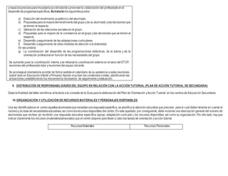y espaciosprecisosparaimpulsarlaaccióntutorialypromoverla colaboracióndel profesoradoenel
desarrollodeprogramasespecíficos.Setratarán lossiguientespuntos:
a) Evolución del rendimiento académico del alumnado.
b) Propuestaspara lamejoradelrendimientodelgrupoyde su alumnado ylas decisiones que
se tomen al respecto.
c) Valoración de las relaciones sociales en el grupo.
d) Propuestas para la mejora de la convivencia en el grupo ylas decisiones que se tomen al
respecto.
e) Desarrollo yseguimiento de las adaptaciones curriculares.
f) Desarrollo yseguimiento de otras medidas de atención a la diversidad.
En secundaria:
g) La coordinación del desarrollo de las programaciones didácticas, de la tutoría y de la
orientación profesional en función de las necesidades del grupo.
Se aumenta pues la coordinación interna yse refuerza la coordinación externa en el seno del ETCP,
reuniones del profesorado-tutor yreuniones del equipo docente.
Se aconsejaal orientador/a acordar de forma realista el calendario de su asistencia a estas reuniones
(sobre todo en Educación Infantil yPrimaria), fijando muy bien los contenidos a tratar, planificando las
actuaciones yestableciendo los mecanismos necesarios de seguimiento yevaluación.
9. DISTRIBUCIÓN DE RESPONSABILIDADES DEL EQUIPO EN RELACIÓN CON LA ACCIÓN TUTORIAL (PLAN DE ACCIÓN TUTORIAL DE SECUNDARIA)
Dada la finalidad del taller remitimos al lector/a a la consulta de la Guía para la elaboración del Plan de Orientación yAcción Tutorial en los centros de Educación Secundaria.
10.ORGANIZACIÓN Y UTILIZACIÓN DE RECURSOS MATERIALES Y PERSONAJES DISPONIBLES
Unavez identificadosenel centroaquellosalumnos/asquenecesitanunarespuestaespecífica, se planifica la atención educativa que precisen, para lo cual deben tenerse en cuenta el
númeroy laclasedenecesidadeseducativas,así comolosrecursos disponibles del centro. En este apartado, por consiguiente, debe incluirse una descripción general del número de
alumnos/as que reciben y/o recibirán una respuesta educativa específica (apoyo, adaptación curricular,), los recursos disponibles, así como su organización. Por otro lado, hayque
indicar claramente los recursos (materiales/personales) que el centro dispone para llevar a cabo las tareas de orientación yacción tutorial.
RecursosMateriales Recursos Personales
 