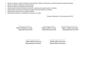  Reunión de tutores y padres de familia en forma trimestral y reflexión, información por parte del profesor de educación religiosa.
 Reunión de tutores y profesores en forma mensual
 Reunión de tutores y psicóloga en forma mensual
 Implementación de tutoría de parte de la dirección y asesores a los padres, tutores y no tutores.
 Implementación de técnicas de estudios a los tutores para poder aplicar a los alumnos.
 Entrevista personal del tutor a los padres de familia
 Seguimiento académico y conductual de los alumnos con el tutor.
Portada de Manchay III 20 de diciembre del 2012
------------------------------------- ---------------------------------- -----------------------------------------------
CCUNO AROSQUIPA, Fortunato CHECALLA BENITO,Enrique ZAVALA TORRES,José Eduardo.
Responsable tutoríaprimaria Responsable tutoríaprimaria. Responsabletutoría Secundaria.
--------------------------------------- --------------------------------------------
RIVERA CAMPOS,Ronald Iván. REJANO GARAY, RichardJohn
Responsabletutoría Secundaria. Responsabletutoría Secundaria.
 