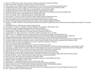 13. Burns, R. B. (1990): El autoconcepto. Teoría, medición, desarrollo ycomportamiento. Ediciones EGA. Bilbao.
14. Caiati, M yotros (1987): Juego libre en el jardín de infancia. Ed. CEAC. Barcelona.
15. Calero Guisado, Ayotros: Materiales curriculares para favorecer el acceso a la lectura en E. Infantil. Escuela Española. Madrid.
16. Consejería de Educación yCiencia (1998): La convivencia escolar: cómo es ycómo abordarla. Junta de Andalucía. Sevilla.
17. Consejería de Educación yCiencia (1998): Hacia una escuela saludable. Junta de Andalucía. Sevilla.
18. Consejería de Educación yCiencia (1993): Programa de coeducación. Junta de Andalucía. Sevilla.
19. Consejería de Educación yCiencia, Consejería de Asuntos Sociales: “DINO: Educación preventiva sobre drogas para preadolescentes”.
20. Cascón, Paco yMartín, Carlos: La alternativa del juego (I). Catarata. Madrid, 2000.
21. Cascón, Paco yMartín, Carlos: La alternativa del juego (II). Catarata. Madrid, 2002.
22. Cascón Soriano, P.: Educar en el ypara el Conflicto, en Cátedra UNESCO sobre PazyDerechos Humanos.
23. Díaz, Carlos. Cuaderno de educación en valores. Mi mundo yyo. Educación primaria. ICCE, 2003
24. Dirección General de Consumo, de la Junta de Andalucía. El Medio Ambiente. Colección material didáctico.
25. Equipos de Orientación Educativa (1998): Programas yDocumentos. Junta de Andalucía. Delegación de Málaga.
26. Escudero,J. M. (1986).“OrientaciónyCambioseducativos.Actas de las III Jornadasde OrientaciónEducativa:LaOrientación antelasdificultadesde Aprendizaje. ICE. Universidad
de Valencia.
27. FernándezRodríguez. C. (1996): Aprender a estudiar. Pirámide. Madrid.
28. García Marcos, J. A. (1983). “La entrevista en FernándezBallesteros. Psicodiagnóstico. UNED. Madrid. Tomo I.
29. García Vidal, J. (1993): Guía para realizar adaptaciones curriculares. EOS. Madrid.
30. Gimeno, J, PérezGómez, A(1985): La enseñanza: su teoría ysu práctica. Ed. Akal. Madrid.
31. GonzálezManjón, D (1993): Adaptaciones Curriculares. Guía para su elaboración. Madrid. EOS.
32. FernándezEnguita, M. (2002). Iguales, libres y responsables. Cuadernos de Pedagogía. Nº 311; pp. 56-60.
33. Gallego Codes, J.: Las estrategias cognitivas en el aula. Programas de intervención psicopedagógica. Escuela Española, 1.997.
34. Galve, J.L. y Ayala, C.: ¡Pues claro¡.Programa de Estrategias de Resolución de Problemas yRefuerzo de las Operaciones Básicas. CEPE, 2000.
35. Garaigordobil Landazabal, Maite: Juegos cooperativos ycreativos para niños de 8 a 10 años. Ediciones Pirámide. Madrid, 2003.
36. Guía para la elaboración del Plan de Orientación yAcción Tutorial en los Institutos de Educación Secundaria en la Comunidad Autónoma de Andalucía. CEJA.
37. Guía para la elaboración del Plan de Orientación yAcción Tutorial en Educación Infantil yPrimaria en la Comunidad Autónoma de Andalucía. CEJA.
38. Hernández, F (1989): “El asesor psicopedagógico en los centros”. Cuadernos de Pedagogía, nº 168. Marzo.
39. Jares, X (1992): Educación para la Paz. Madrid. Mec.
40. LopezCassá, E. Educacion Emocional. Programa para 3-6 años. Ed. Praxis. Barcelona, 2003.
41. Luque-Parra, D. J. (2006); Dificultades en el aprendizaje: Unificación de Criterios diagnósticos. III Criterios de intervención pedagógica. Junta de Andalucía. Sevilla.
42. Luque-Parra, D. J. (2006). Orientación Educativa e Intervención Psicopedagógica en el alumnado con discapacidad. Análisis de casos prácticos. Málaga. Aljibe
43. LLEDÓ BECERRA, ÁNGEL (Coord.). La Orientación educativa desde la Práctica. Sevilla (2007). Fundación Ecoem.
44. Madorran Girones, MªJ.: Ser, convivir ypensar. Acción Tutorial en Educación Primaria. Madrid:ICCE, 2003
45. Mabel Condemarin yvarios: Taller de Lenguaje.Módulos par desarrollar ellenguaje oral yescrito. CEPE,1.996.
46. Marchena González, C. (2001): Andamios para la atención a la diversidad. La construcción de la escuela solidaria” MAD. Alcalá de Guadaira. Sevilla.
47. Marrodán Girones, Mª J.: Acción Tutorial en Educación Infantil. Paso a paso, 3 y4 años. Ed: ICCE,2004.
48. Monfort, M yJuárez (1999): Estimulación del lenguaje oral. Santillana. Madrid.
49. Monjas Casares, Mª Inés: Programa de Enseñanza de Habilidades de Interacción Social (PEHIS)Ed: Cepe, 2002.
50. Megias,M.: Programa de Inteligencia “Harvard”. CEPE
51. MartinezMontero, J.: Enseñar Matemáticas a alumnos con N.E.E. Praxis, 2002.
52. MuñozSedano, A. (1997). Educación Intercultural: teoría ypráctica. Madrid. Editorial Escuela Española.
53. Palacios, J; Marchesi, A; Coll, C. (1999): Desarrollo Psicológico yEducación. Volumen I. Ed. Alianza Editorial. Madrid.
54. Pallarés, M. Técnicas de grupo para educadores. Publicaciones ICCE, Madrid, 1986.
55. Pascual Ferris,V., Y Cuadrado Bonilla,M. Educación Emocional. Programa de actividades para Educación Secundaria Obligatoria. Barcelona, 2007.
56. Pozo, I. (2000): Aprendices ymaestros. Alianza. Madrid.
 