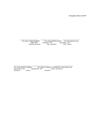 Cachipampa, Marzo del 2014
_____________________ ______________________ _____________________
Prof. Mariza VARGAS RAMIREZ Prof. Anselmo BEDON CHAVEZ Prof. Solís Quinteros Juan
DIRECTORA Coordinador TOE Coordinadora TOE
Presidente del Comité Nivel Secundario Nivel Primario
_______________________ ________________________ __________________________
Prof. Silvano BENITES HERRERA Prof. Angélica JARAMILLO FIGUEROAProf. Pérez Morales Susy
Representante CDE Representante CDE Auxiliar de Educación
Secundaria Primaria Secundaria
 