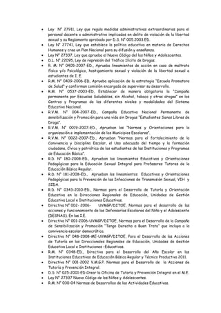 Ley N° 27911, Ley que regula medidas administrativas extraordinarias para el
personal docente o administrativo implicados en delito de violación de la libertad
sexual y su Reglamento aprobado por D.S. N° 005.2003.ED.
Ley N° 27741, Ley que establece la política educativa en materia de Derechos
Humanos y crea un Plan Nacional para su difusión y enseñanza.
Ley N° 27337, Ley que aprueba el Nuevo Código del los Niños y Adolescentes.
D.L. N° 22095, Ley de represión del Tráfico Ilícito de Drogas.
R. M. N° 0405-2007-ED., Aprueba lineamientos de acción en caso de maltrato
físico y/o Psicológico, hostigamiento sexual y violación de la libertad sexual a
estudiantes de I. E.
R.M. N° 0409-2006-ED, Aprueba aplicación de la estrategia “Escuela Promotora
de Salud” y conforman comisión encargada de supervisar su desarrollo.
R.M. N° 0537-2003-ED, Establecer de manera obligatoria la “Campaña
permanente por Escuelas Saludables, sin Alcohol, tabaco y otras drogas” en los
Centros y Programas de los diferentes niveles y modalidades del Sistema
Educativo Nacional.
R.V.M. N° 004-2007-ED., Campaña Educativa Nacional Permanente de
sensibilización y Promoción para una vida sin Drogas “Estudiantes Sanos Libres de
Droga”.
R.V.M. N° 0019-2007-ED., Aprueban las “Normas y Orientaciones para la
organización e implementación de los Municipios Escolares”.
R.V.M. N° 0022-2007-ED., Aprueban “Normas para el fortalecimiento de la
Convivencia y Disciplina Escolar, el Uso adecuado del tiempo y la formación
ciudadana, Cívica y patriótica de los estudiantes de las Instituciones y Programas
de Educación Básica”.
R.D. N° 180-2008-ED., Aprueban los lineamientos Educativos y Orientaciones
Pedagógicas para la Educación Sexual Integral para Profesores Tutores de la
Educación Básica Regular.
R.D. N° 181-2008-ED., Aprueban los lineamientos Educativos y Orientaciones
Pedagógicas para la Prevención de las Infecciones de Transmisión Sexual, VIH y
SIDA.
R.D. N° 0343-2010-ED., Normas para el Desarrollo de Tutoría y Orientación
Educativa en la Direcciones Regionales de Educación, Unidades de Gestión
Educativa Local e Instituciones Educativas.
Directiva N° 002- 2006- UVMGP/DITOE, Normas para el desarrollo de las
acciones y funcionamiento de las Defensorías Escolares del Niño y el Adolescente
(DESNAS). En las I.E.
Directiva N° 001-2006-UVMGP/DITOE, Normas para el Desarrollo de la Campaña
de Sensibilización y Promoción “Tengo Derecho a Buen Trato” que incluya a la
convivencia escolar democrática.
Directivo N° 048-2008-ME-UVMGP/DITOE, Para el Desarrollo de las Acciones
de Tutoría en las Direccionales Regionales de Educación, Unidades de Gestión
Educativa Local e Instituciones –Educativas.
R.M. N° 0348-ED., Directiva para el Desarrollo del Año Escolar en las
Instituciones Educativas de Educación Básica Regular y Técnico Productiva 2011.
Directiva N° 001-2002 V.M.G.P. Normas para el Desarrollo de la Acciones de
Tutoría y Prevención Integral.
D.S. N° 025-2001-ED Crear la Oficina de Tutoría y Prevención Integral en el M.E.
Ley N° 27337 Nuevo Código de los Niños y Adolescentes.
R.M. N° 030-04 Normas de Desarrollos de las Actividades Educativas.
 