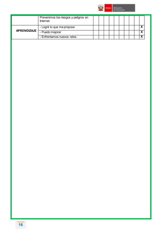 16
Prevenimos los riesgos y peligros en
Internet
APRENDIZAJE
- Logré lo que me propuse X
- Puedo mejorar X
- Enfrentamos nuevos retos X
 
