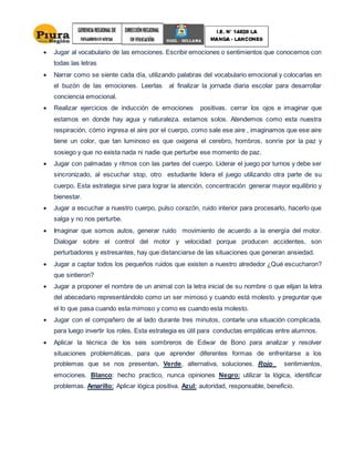  Jugar al vocabulario de las emociones. Escribir emociones o sentimientos que conocemos con
todas las letras
 Narrar como se siente cada día, utilizando palabras del vocabulario emocional y colocarlas en
el buzón de las emociones. Leerlas al finalizar la jornada diaria escolar para desarrollar
conciencia emocional.
 Realizar ejercicios de inducción de emociones positivas. cerrar los ojos e imaginar que
estamos en donde hay agua y naturaleza. estamos solos. Atendemos como esta nuestra
respiración, cómo ingresa el aire por el cuerpo, como sale ese aire , imaginamos que ese aire
tiene un color, que tan luminoso es que oxigena el cerebro, hombros, sonríe por la paz y
sosiego y que no exista nada ni nadie que perturbe ese momento de paz.
 Jugar con palmadas y ritmos con las partes del cuerpo. Liderar el juego por turnos y debe ser
sincronizado, al escuchar stop, otro estudiante lidera el juego utilizando otra parte de su
cuerpo. Esta estrategia sirve para lograr la atención, concentración generar mayor equilibrio y
bienestar.
 Jugar a escuchar a nuestro cuerpo, pulso corazón, ruido interior para procesarlo, hacerlo que
salga y no nos perturbe.
 Imaginar que somos autos, generar ruido movimiento de acuerdo a la energía del motor.
Dialogar sobre el control del motor y velocidad porque producen accidentes, son
perturbadores y estresantes, hay que distanciarse de las situaciones que generan ansiedad.
 Jugar a captar todos los pequeños ruidos que existen a nuestro alrededor ¿Qué escucharon?
que sintieron?
 Jugar a proponer el nombre de un animal con la letra inicial de su nombre o que elijan la letra
del abecedario representándolo como un ser mimoso y cuando está molesto. y preguntar que
el lo que pasa cuando esta mimoso y como es cuando esta molesto.
 Jugar con el compañero de al lado durante tres minutos, contarle una situación complicada,
para luego invertir los roles. Esta estrategia es útil para conductas empáticas entre alumnos.
 Aplicar la técnica de los seis sombreros de Edwar de Bono para analizar y resolver
situaciones problemáticas, para que aprender diferentes formas de enfrentarse a los
problemas que se nos presentan. Verde, alternativa, soluciones. Rojo sentimientos,
emociones. Blanco: hecho practico, nunca opiniones Negro: utilizar la lógica, identificar
problemas. Amarillo: Aplicar lógica positiva. Azul: autoridad, responsable, beneficio.
 