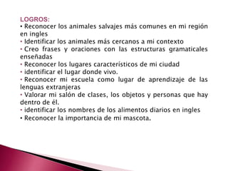 LOGROS:
• Reconocer los animales salvajes más comunes en mi región
en ingles
• Identificar los animales más cercanos a mi contexto
• Creo frases y oraciones con las estructuras gramaticales
enseñadas
• Reconocer los lugares característicos de mi ciudad
• identificar el lugar donde vivo.
• Reconocer mi escuela como lugar de aprendizaje de las
lenguas extranjeras
• Valorar mi salón de clases, los objetos y personas que hay
dentro de él.
• identificar los nombres de los alimentos diarios en ingles
• Reconocer la importancia de mi mascota.
 