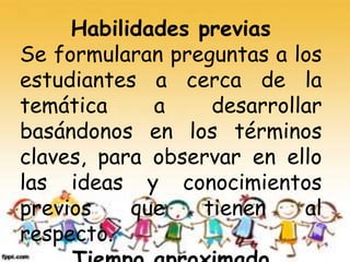 Habilidades previas
Se formularan preguntas a los
estudiantes a cerca de la
temática a desarrollar
basándonos en los términos
claves, para observar en ello
las ideas y conocimientos
previos que tienen al
respecto.
 