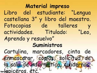 Material impreso
Libro del estudiante: “Lengua
castellana 3” y libro del maestro.
Fotocopias de talleres y
actividades. Titulado: “Leo,
Aprendo y resuelvo”
Suministros
Cartulina, marcadores, cinta de
enmascarar, copias, solicitud de
la sala de informática, cuadernos,
lapiceros, etc.
 