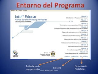 Entorno del ProgramaEjemplos de PortafoliosEstándares de competenciasGlosarioSeniur Trainer: Lydia Acosta 