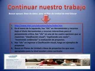 Continuar nuestro trabajoBuscar apoyos: Base de datos  para  el Plan de Unidad de Intel Educarhttp://www.intel.com/education/la/es/index.htmEn el menú de la izquierda, haz “clic” en Herramientas y recursos bajo el título Herramientas y recursos interactivas para el pensamiento crítico, haz “clic” en una de las cuatro opciones que se muestran: “clasificación visual”, “explicando una razón” , “mostrando evidencias” o evaluación de proyectos. Haz “clic” en Ingresar a Clasificación visual, luego en ejemplos de proyectosBusca en Planes de Unidad e Ideas de proyectos los que sean apropiados para tu nivel escolar y área curricular.Seniur Trainer: Lydia Acosta 