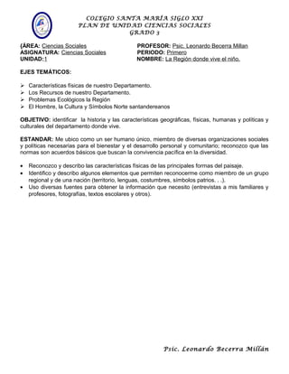 COLEGIO SANTA MARÍA SIGLO XXI
PLAN DE UNIDAD CIENCIAS SOCIALES
GRADO 3
{ÁREA: Ciencias Sociales PROFESOR: Psic. Leonardo Becerra Millan
ASIGNATURA: Ciencias Sociales PERIODO: Primero
UNIDAD:1 NOMBRE: La Región donde vive el niño.
EJES TEMÁTICOS:
 Características físicas de nuestro Departamento.
 Los Recursos de nuestro Departamento.
 Problemas Ecológicos la Región
 El Hombre, la Cultura y Símbolos Norte santandereanos
OBJETIVO: identificar la historia y las características geográficas, físicas, humanas y políticas y
culturales del departamento donde vive.
ESTANDAR: Me ubico como un ser humano único, miembro de diversas organizaciones sociales
y políticas necesarias para el bienestar y el desarrollo personal y comunitario; reconozco que las
normas son acuerdos básicos que buscan la convivencia pacífica en la diversidad.
• Reconozco y describo las características físicas de las principales formas del paisaje.
• Identifico y describo algunos elementos que permiten reconocerme como miembro de un grupo
regional y de una nación (territorio, lenguas, costumbres, símbolos patrios. . .).
• Uso diversas fuentes para obtener la información que necesito (entrevistas a mis familiares y
profesores, fotografías, textos escolares y otros).
Psic. Leonardo Becerra Millán
 