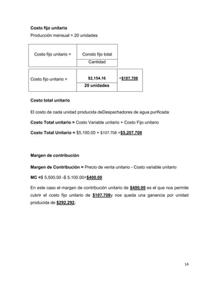 14
Costo fijo unitario
Producción mensual = 20 unidades
Costo total unitario
El costo de cada unidad producida deDespachadores de agua purificada:
Costo Total unitario = Costo Variable unitario + Costo Fijo unitario
Costo Total Unitario = $5,100.00 + $107.708 =$5,207.708
Margen de contribución
Margen de Contribución = Precio de venta unitario - Costo variable unitario
MC =$ 5,500.00 -$ 5,100.00=$400.00
En este caso el margen de contribución unitario de $400.00 es el que nos permite
cubrir el costo fijo unitario de $107.708y nos queda una ganancia por unidad
producida de $292.292.
Costo fijo unitario = Consto fijo total
Cantidad
Costo fijo unitario = $2,154.16 =$107.708
20 unidades
 