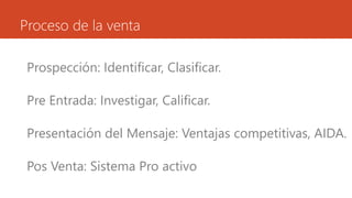 Proceso de la venta 
Prospección: Identificar, Clasificar. 
Pre Entrada: Investigar, Calificar. 
Presentación del Mensaje: Ventajas competitivas, AIDA. 
Pos Venta: Sistema Pro activo 
 