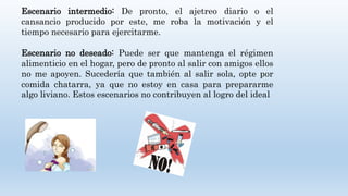 Escenario intermedio: De pronto, el ajetreo diario o el
cansancio producido por este, me roba la motivación y el
tiempo necesario para ejercitarme.
Escenario no deseado: Puede ser que mantenga el régimen
alimenticio en el hogar, pero de pronto al salir con amigos ellos
no me apoyen. Sucedería que también al salir sola, opte por
comida chatarra, ya que no estoy en casa para prepararme
algo liviano. Estos escenarios no contribuyen al logro del ideal
 