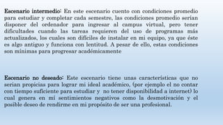 Escenario intermedio: En este escenario cuento con condiciones promedio
para estudiar y completar cada semestre, las condiciones promedio serían
disponer del ordenador para ingresar al campus virtual, pero tener
dificultades cuando las tareas requieren del uso de programas más
actualizados, los cuales son difíciles de instalar en mi equipo, ya que éste
es algo antiguo y funciona con lentitud. A pesar de ello, estas condiciones
son mínimas para progresar académicamente
Escenario no deseado: Este escenario tiene unas características que no
serian propicias para lograr mi ideal académico, (por ejemplo el no contar
con tiempo suficiente para estudiar y no tener disponibilidad a internet) lo
cual genera en mí sentimientos negativos como la desmotivación y el
posible deseo de rendirme en mi propósito de ser una profesional.
 