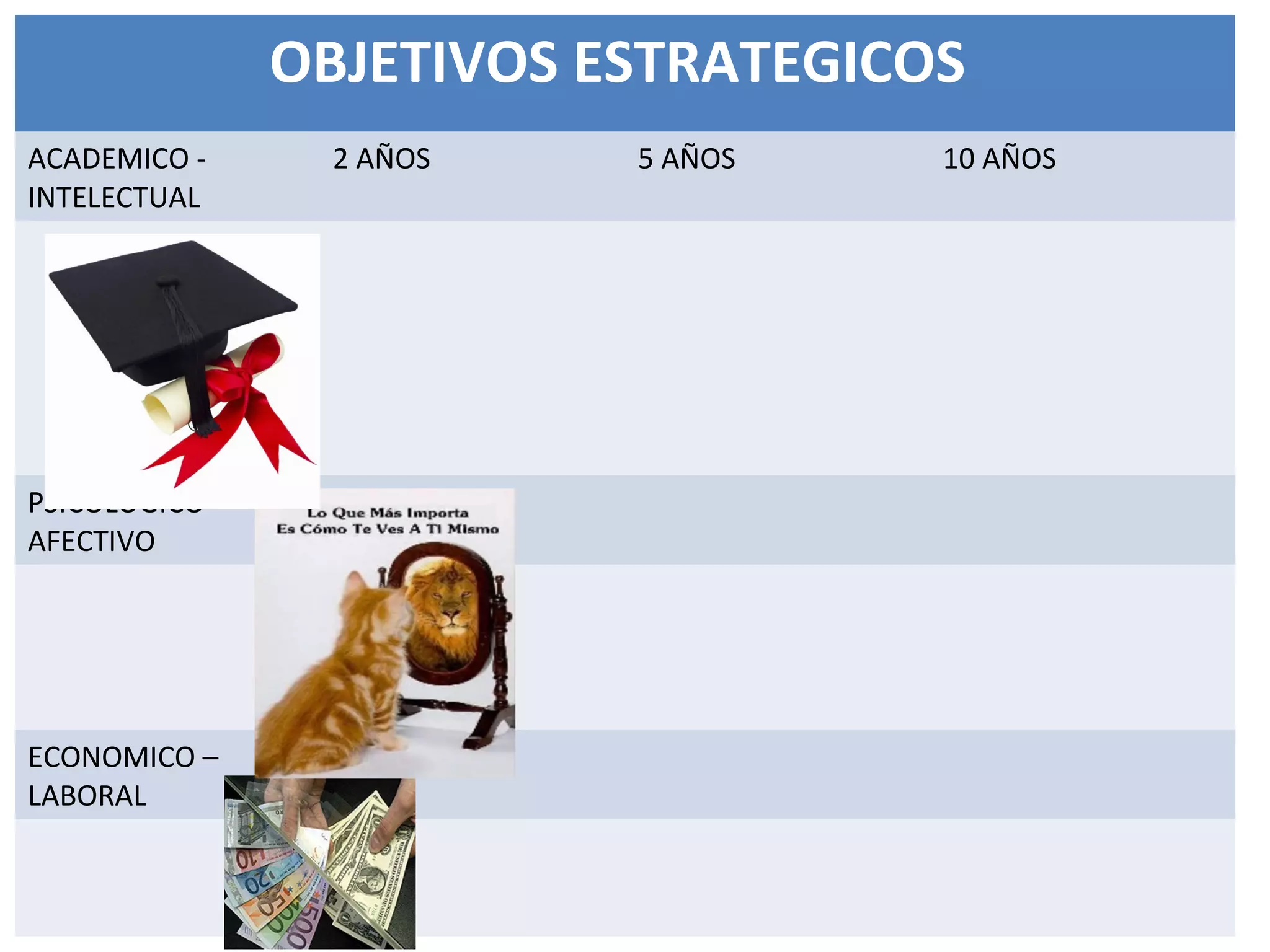 OBJETIVOS ESTRATEGICOS
ACADEMICO -
INTELECTUAL
2 AÑOS 5 AÑOS 10 AÑOS
PSICOLOGICO -
AFECTIVO
ECONOMICO –
LABORAL