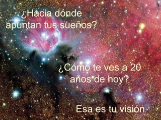 ¿Hacia dónde
apuntan tus sueños?



          ¿Cómo te ves a 20
            años de hoy?


              Esa es tu visión
 