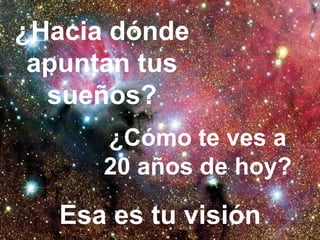 ¿Hacia dónde apuntan tus sueños? Esa es tu visión ¿Cómo te ves a 20 años de hoy? 