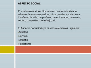ASPECTO SOCIAL


Por naturaleza el ser Humano no puede vivir aislado,
además de nuestros padres, otros pueden ayudarnos a
triunfar en la vida, un profesor, un entrenador, un coach,
vecino, compañero de trabajo, etc.


El Aspecto Social incluye muchos elementos , ejemplo:
•   Amistad
•   Servicio
•   Empatía
•   Patriotismo
 