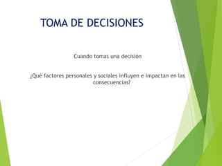 TOMA DE DECISIONES 
Cuando tomas una decisión 
¿Qué factores personales y sociales influyen e impactan en las 
consecuencias? 
 