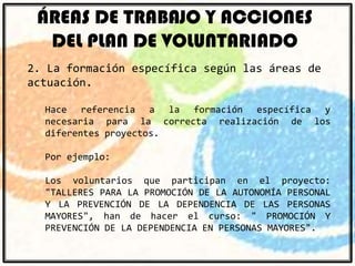 ÁREAS DE TRABAJO Y ACCIONES
DEL PLAN DE VOLUNTARIADO
2. La formación específica según las áreas de
actuación.
Hace referencia a la formación específica y
necesaria para la correcta realización de los
diferentes proyectos.
Por ejemplo:
Los voluntarios que participan en el proyecto:
"TALLERES PARA LA PROMOCIÓN DE LA AUTONOMÍA PERSONAL
Y LA PREVENCIÓN DE LA DEPENDENCIA DE LAS PERSONAS
MAYORES", han de hacer el curso: " PROMOCIÓN Y
PREVENCIÓN DE LA DEPENDENCIA EN PERSONAS MAYORES".

 