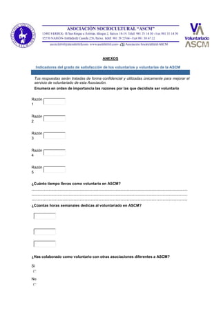 ANEXOS
Indicadores del grado de satisfacción de los voluntarios y voluntarias de la ASCM
Tus respuestas serán tratadas de forma confidencial y utilizadas únicamente para mejorar el
servicio de voluntariado de esta Asociación.
Enumera en orden de importancia las razones por las que decidiste ser voluntario
Razón
1
Razón
2
Razón
3
Razón
4
Razón
5
¿Cuánto tiempo llevas como voluntario en ASCM?
………………………………………………………………………………………………………………
………………………………………………………………………………………………………………
………………………………………………………………………………………………………………
¿Cúantas horas semanales dedicas al voluntariado en ASCM?
¿Has colaborado como voluntario con otras asociaciones diferentes a ASCM?
Sí
No
 