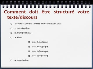 Comment doit être structuré votre
 texte/discours
    STRUCTURE DE VOTRE TEXTE/DISCOURS

    1. Introduction

    2. Problématique

    3. Plan:

                       3.1. dialectique

                       3.2. analytique

                       3.3. thématique

                       3.4. Comparatif

    4. Conclusion
 