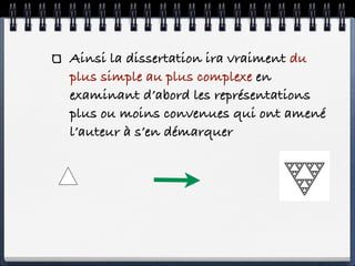 Ainsi la dissertation ira vraiment du
plus simple au plus complexe en
examinant d’abord les représentations
plus ou moins convenues qui ont amené
l’auteur à s’en démarquer
 