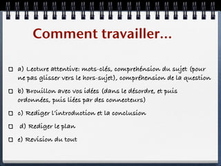 Comment travailler...

a) Lecture attentive: mots-clés, comprehénsion du sujet (pour
ne pas glisser vers le hors-sujet), compréhension de la question
b) Brouillon avec vos idées (dans le désordre, et puis
ordonnées, puis liées par des connecteurs)
c) Rediger l’introduction et la conclusion
d) Rediger le plan
e) Revision du tout
 
