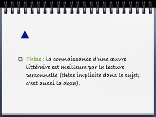 Thèse : la connaissance d'une œuvre
littéraire est meilleure par la lecture
personnelle (thèse implicite dans le sujet;
c'est aussi la doxa).
 