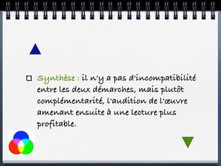 Synthèse : il n'y a pas d'incompatibilité
entre les deux démarches, mais plutôt
complémentarité, l'audition de l'œuvre
amenant ensuite à une lecture plus
profitable.
 