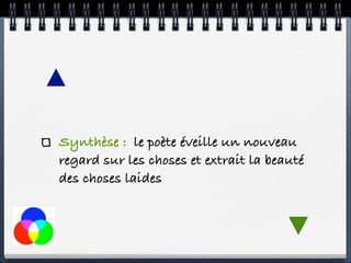 Synthèse : le poète éveille un nouveau
regard sur les choses et extrait la beauté
des choses laides
 
