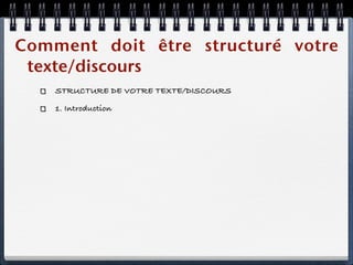 Comment doit être structuré votre
 texte/discours
    STRUCTURE DE VOTRE TEXTE/DISCOURS

    1. Introduction
 
