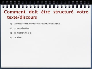 Comment doit être structuré votre
 texte/discours
    STRUCTURE DE VOTRE TEXTE/DISCOURS

    1. Introduction

    2. Problématique

    3. Plan:
 