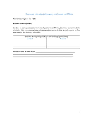2
El comercio y las redes de transporte en el mundo y en México
Referencias: Páginas 182 y 185.
Actividad 2 – Binas (libreta)
Con base en los mapas de comercio mundial y comercio en México, determina la dirección de los
principales flujos comerciales y haz una lista de posibles razones de ésta, las cuales podrás verificar
a partir de los dos siguientes contenidos.
Dirección de los principales flujos comerciales (exportaciones)
Mundial Nacional
Posibles razones de estos flujos: _______________________________________________
________________________________________________________________________
________________________________________________________________________.
 