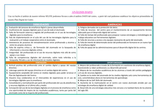 8
ANÁLISIS DAFO
Una vez hecho el análisis de nuestro informe SELFIE podremos llevara a cabo el análisis DAFO del centro, a partir del cual podremos establecer los objetivos primordiales de
nuestro Plan Digital de Centro.
DEBILIDADES AMENAZAS
1. Evaluación del proceso de enseñanza digital a penas desarrollada.
2. Insuficiencia de equipos digitales para el uso de todo el alumnado.
3. Falta de formación externa y reglada del profesorado en el uso de tecnologías
digitales para la enseñanza.
4. Fala de implementación en el aula del uso de las tecnologías digitales para la
evaluación y el trabajo cooperativo entre el alumnado.
5. Inexistencia de procesos de retroalimentación entre profesorado y alumno y
entre los propios alumnos.
6. Falta de espíritu crítico y de formación del alumnado en la búsqueda de
información y recursos digitales online.
7. Inseguridad del profesorado en el uso de recursos digitales más allá de como
apoyo a sus clases.
8. Falta de competencias digitales del alumnado, sobre todo referidas a la
búsqueda, filtrado y uso de información en medios digitales.
1. 1. Peligros derivados de la protección de datos.
2. 2. Falta de recursos del centro para el mantenimiento de un equipamiento técnico
adecuado para el desarrollo digital del centro.
3. 3. Falta de tiempo del profesorado para preparar nuevas estrategias y metodologías de
trabajo educativo con herramientas digitales.
4. 4. Falta de recursos y acceso a los equipos necesarios de parte del alumnado.
5. 5. Falta de interés de determinado sector del profesorado en formarse en un nuevo tipo
de enseñanza digital.
6. 6. Falta de apoyo de las administraciones para el desarrollo digital de los centros.
7.
8.
9.
FORTALEZAS OPORTUNIDADES
1. Actitud positiva del profesorado ante el cambio digital y apoyo del equipo
directivo.
2. Liderazgo patente del equipo directivo en el cambio digital del centro.
3. Equipamiento aceptable del centro en medios digitales para poder arrancar el
Plan de Digitalización del Centro.
4. Claustro muy colaborativo en el intercambio de experiencias en el uso de
tecnologías digitales para la enseñanza.
5. Consolidación y normalización por parte del profesorado del uso de plataformas
y recursos digitales en el último año y medio.
6. Concepción del uso de las tecnologías digitales en el proceso de enseñanza como
una oportunidad de mejora de los resultados académicos, tanto por parte del
alumnado como de la mayoría del profesorado.
1. Mejora del profesorado a través de la formación en cuestiones de enseñanza digital,
favoreciendo su labor profesional y su desarrollo personal.
2. Mejora de los resultados académicos de los alumnos a través del cambio pedagógico
y el uso de recursos digitales.
3. Cambio en la visión del alumnado de los medios digitales solo como herramientas de
ocio, convirtiéndose ahora en herramientas de aprendizaje.
4. Mejora de las Soft Skills del alumnado.
5. Aumento de la matriculación en el centro con nuevo alumnado atraído por una
estrategia de enseñanza digital de calidad.
6. Desarrollo de una estrategia educativa más cercana a la realidad diaria de los jóvenes
del siglo XXI.
 