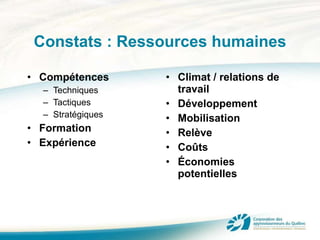 Constats : Ressources humaines Compétences Techniques Tactiques Stratégiques Formation Expérience Climat / relations de travail Développement Mobilisation Relève Coûts Économies potentielles 