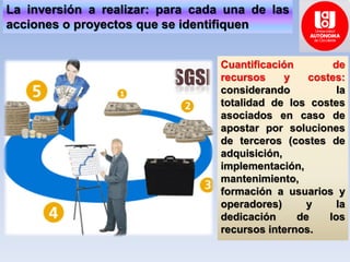 La inversión a realizar: para cada una de las
acciones o proyectos que se identifiquen
Cuantificación de
recursos y costes:
considerando la
totalidad de los costes
asociados en caso de
apostar por soluciones
de terceros (costes de
adquisición,
implementación,
mantenimiento,
formación a usuarios y
operadores) y la
dedicación de los
recursos internos.
 